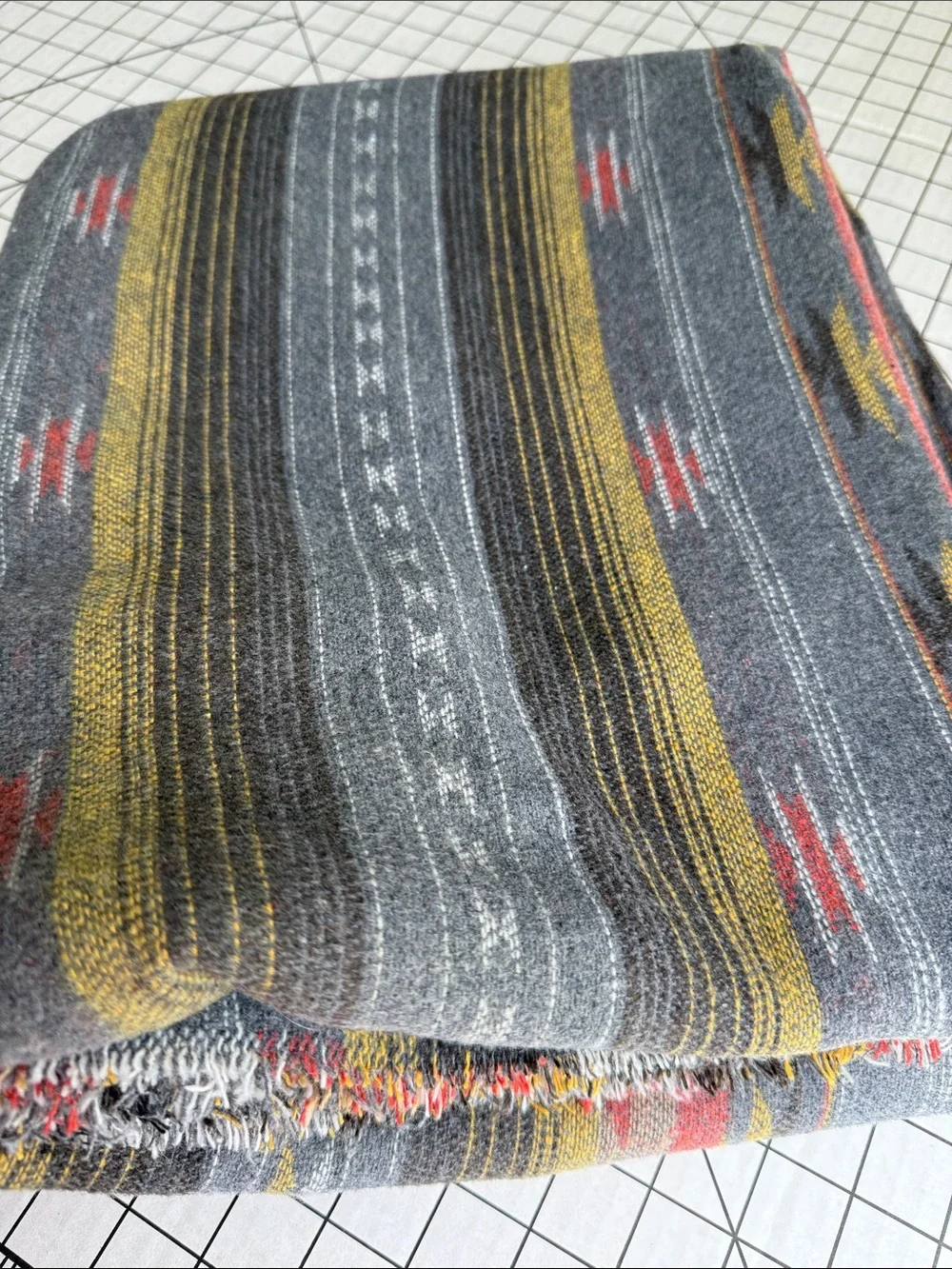 Vintage Wool Southwest Stripe Blanket Fabric 1⅝ Yards x 90” Charcoal Rust Gold